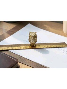 Vintage Solid Brass 12" Owl Ruler Paperweight Figural Office Desk